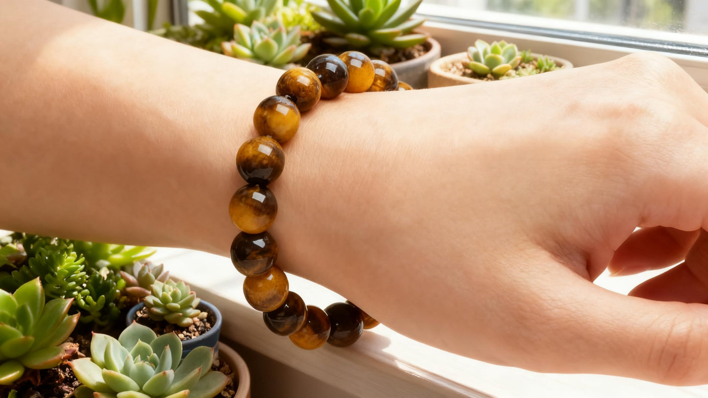 Cryhand Female 8mm Beaded Bracelets For Women Simulated Tigers eye Bracelet for Men Handmade Lucky Money Stretchy Crystal Bracelets Best Gifts