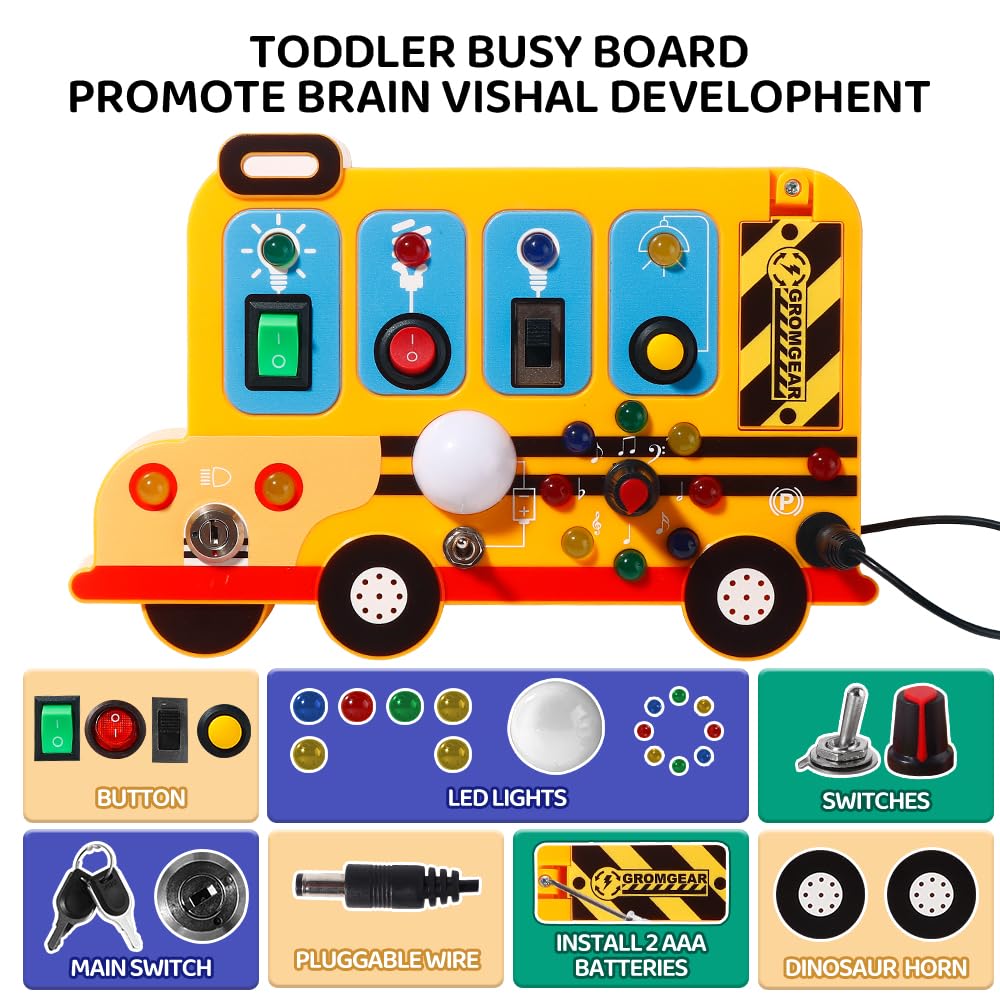 Montessori Board Sensory Toys for Children with LED Light switches, School Bus Shape，Baby fidgeting Board Travel Toys for More Than 18 Months, 18M+Boys and Girls Toddler Toys Gifts,Switch Toy