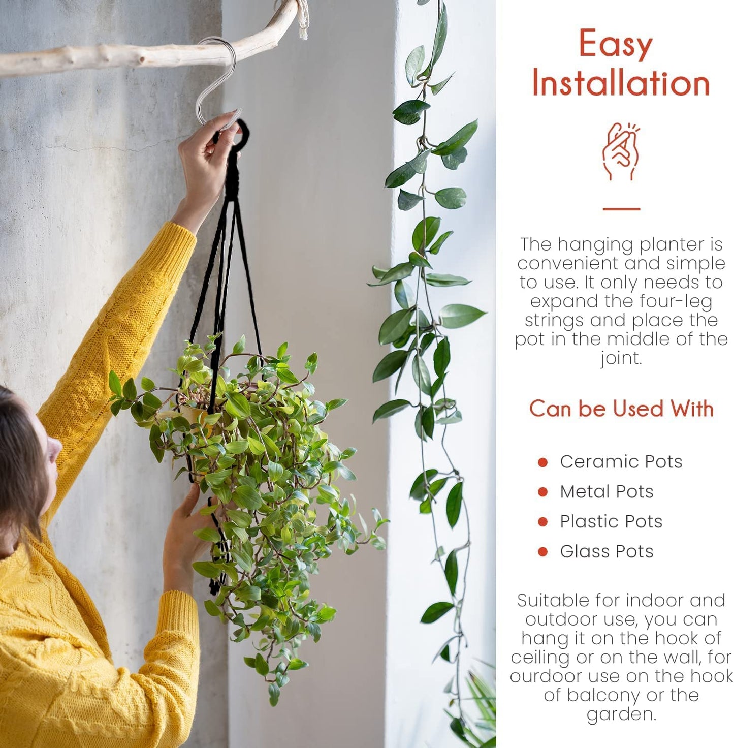 Feedee Macrame Plant Hangers - 6 Pack, Black, Indoor/Outdoor, Cotton