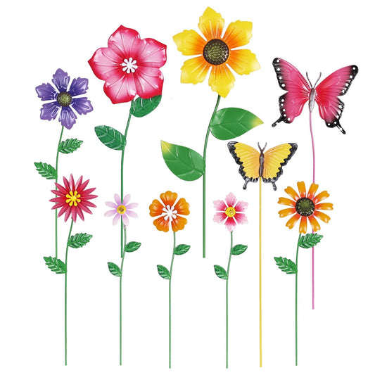 hogardeck Garden Decor for Outside, Set of 10 Metal Flowers Decorative Garden Stakes for Spring Decor, Yard Art Garden Decorations for Outdoor Lawn Porch Pathway (Multi-Color) (Color b)