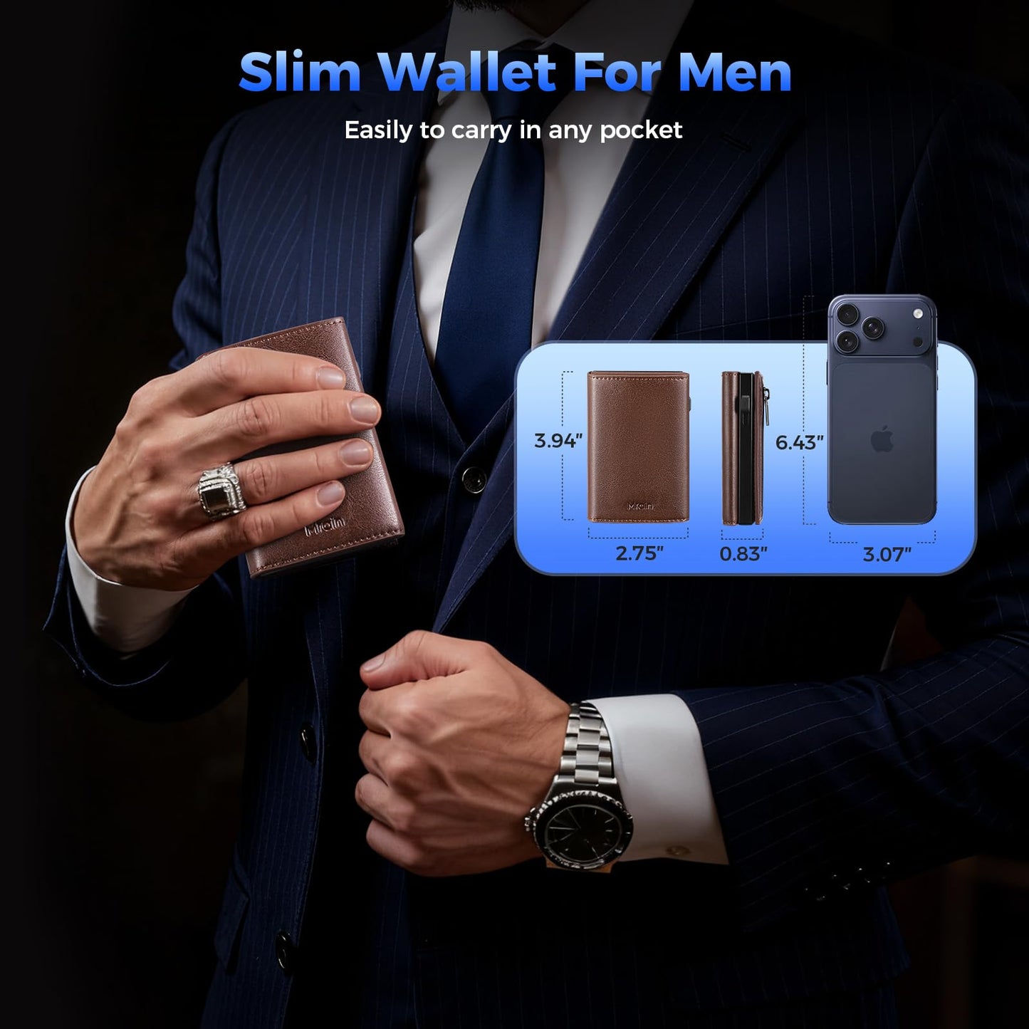 Mrain Mens Minimalist Slim Wallet Card Holder with Coin Pocket, Cash Slot, Magnetic Closure, Pop Up Aluminum Case, ID Window, Leather Wallet, RFID Blocking, 9-13 Card Capacity, Wax Brown