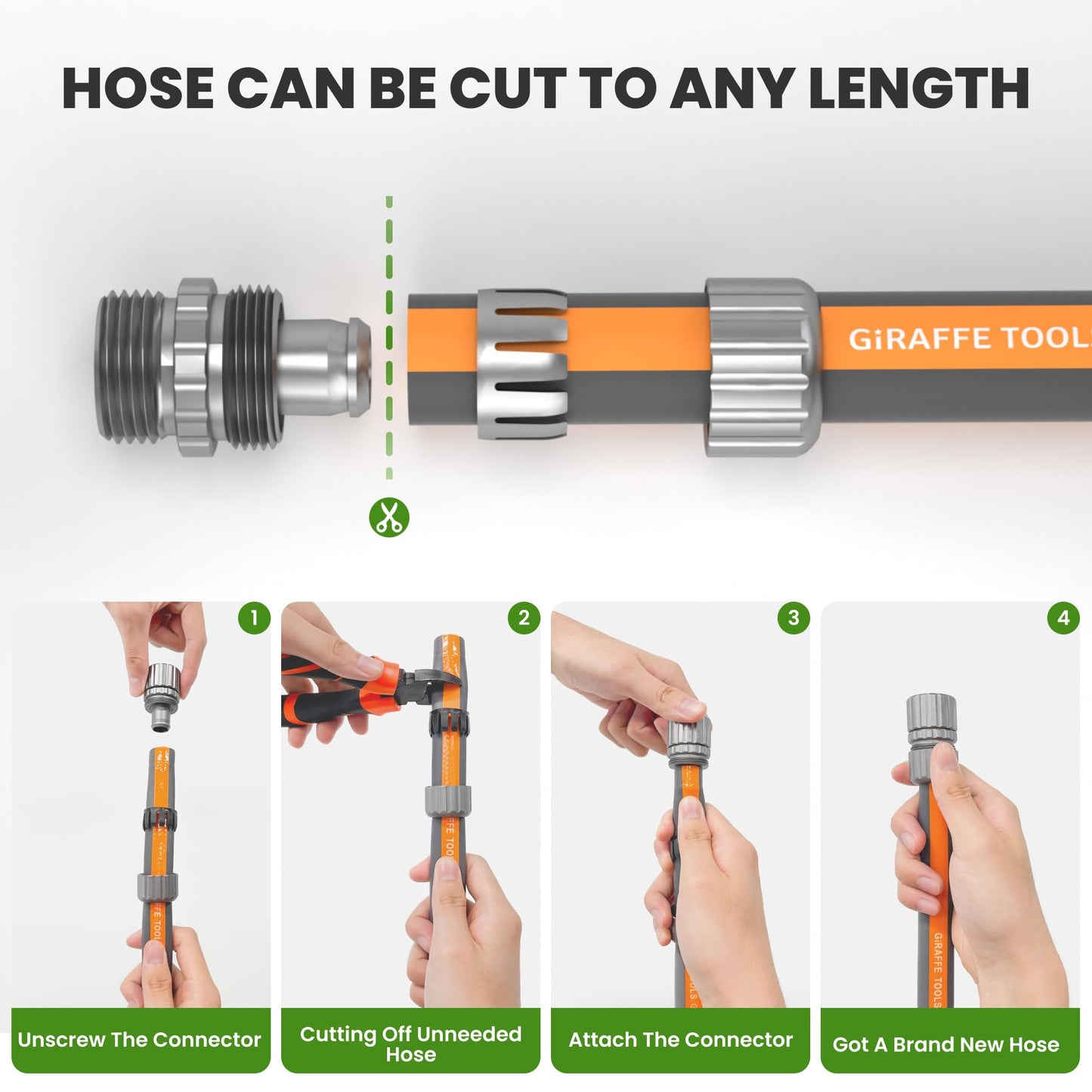 Giraffe Tools 25FT Garden Hose, 5/8" Lightweight Lay Flat Water Hose, No-Kink, Flexible Gardening Hose with Male to Female Aluminum Fitting, Customizable-Length Hose Pipe for Yard
