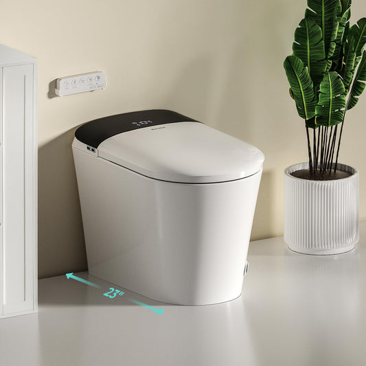 Bazyths Smart Compact Toilet for Small Bathroom, 23" Depth Shallow Toilet with Foam Shield Auto Open/Close Lid, 12" Rough In, Built-in Tank, Heated Seat Foot Sensor Flush One-Piece (ZY695A Mini)