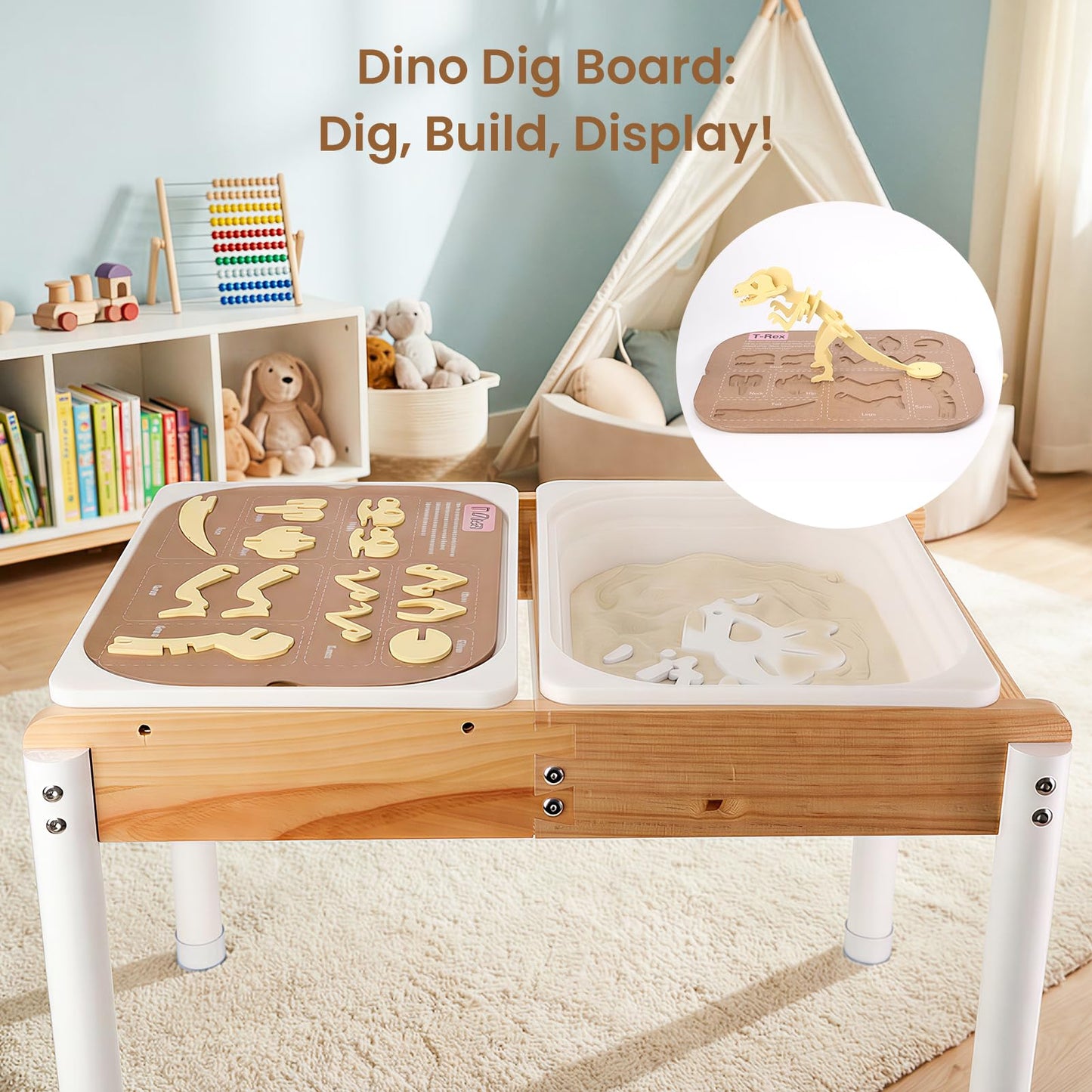 Woodtoe Sand and Water Table for Toddlers, Wooden Sensory Play Activity Table with Dinosaur Puzzle, 2 Collapsible Bins, Acrylic Board & Water Track Toys, Summer Outdoor Toys Kids Playset for Age 3+