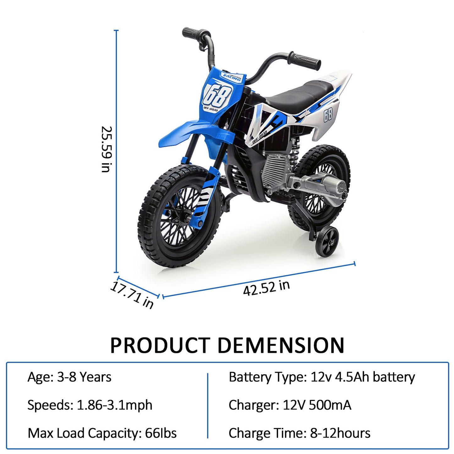 GarveeLife 12V Kids Motorcycle, Electric Dirt Bike with Traning Wheels, Twist Grip Throttle, 3mph Max Speed and Music, Ride on Motorcycle for Toddlers, Deep Blue (Deep Blue)