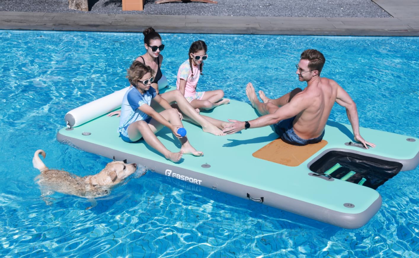 FBSPORT Inflatable Floating Dock with Boat Ramp,Non-Slip Air Dock Floating Platform with Mesh Lounger and Headrest,Inflatable Island Water Raft for Pool Lake Beach Ocean