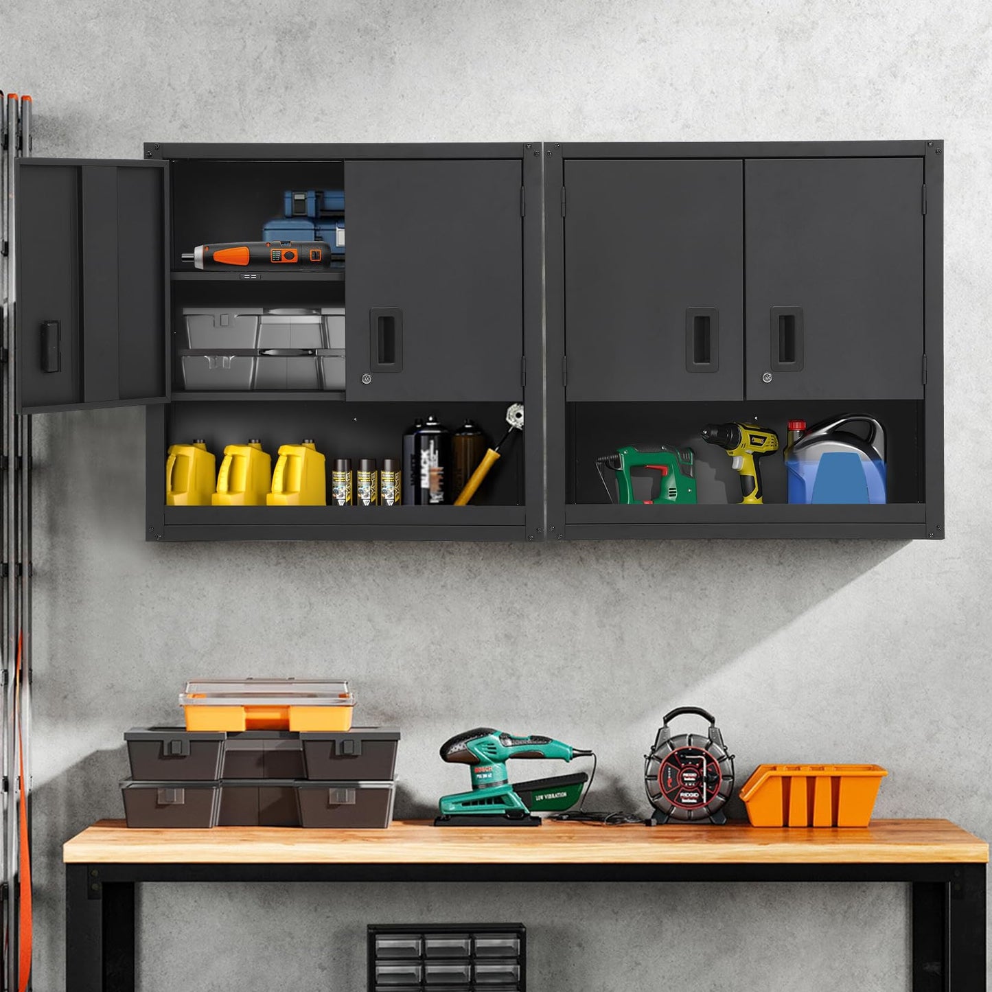 GarveeTech Garage Wall Cabinet with Adjustable Shelf, Heavy Duty Steel Garage Locker with Lockable Magnetic Doors, Wall Mounted Tool Cabinet for Warehouse Home Office Kitchen, Easy Assembly, Black