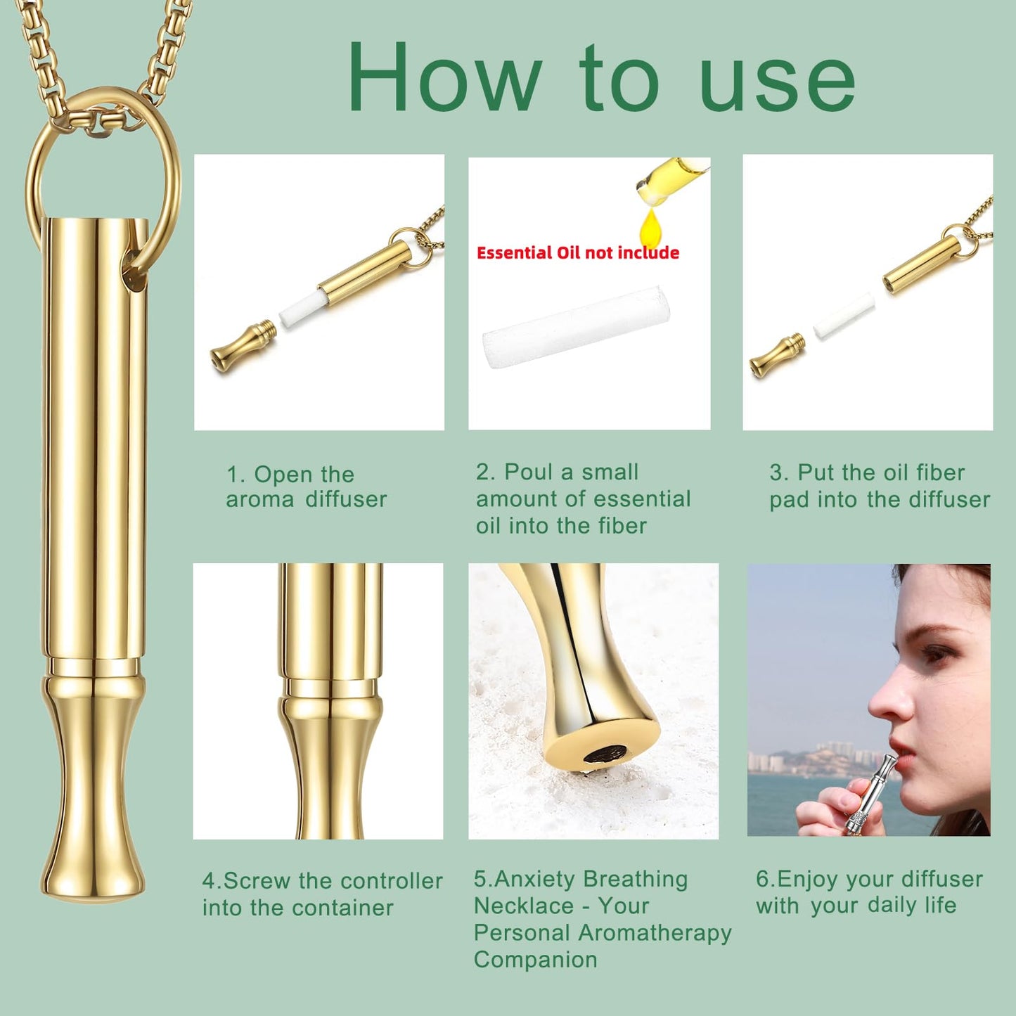 hooppoo Breathing Necklace for Calm & Focus - Personal Essential Oil Diffuser for Anxiety Relief, Quit Smoking, Yoga and Meditation - Reusable Stainless Steel Pendant for Women Men (Gold)