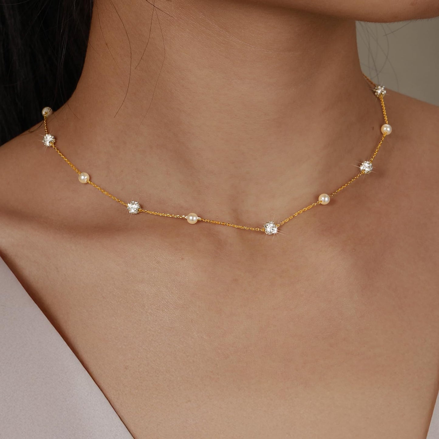 UTISUVIKO Lariat Necklace for Women,Dainty Long 14K Gold Plated Y-Shaped Pearl Necklace 925 Sterling Silver Cubic Zirconia Crystal Ball Sparkle Necklace for Mother Daughter Bride Wedding Jewelry