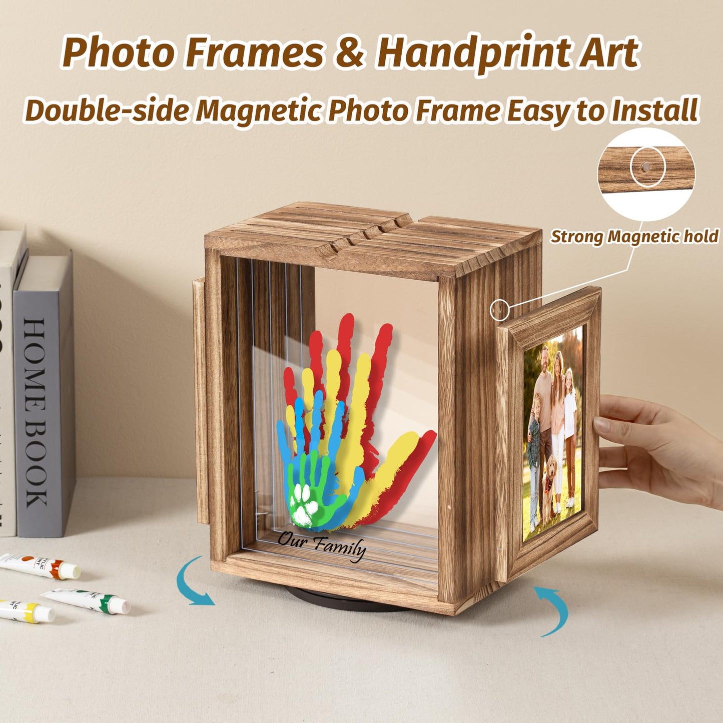 Emfogo 360 Rotating Family Handprint Kit, DIY Craft Keepsake Wooden Frame, Baby Footprint Kit, 5 Paint Colors Included, Non-Toxic Paints&Transparent Sheets, Gifts for Handprint Family Keepsake（Brown