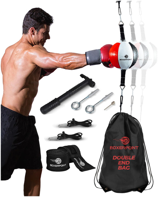 Boxerpoint Double End Boxing Bag - Small 7x7 in Red/White/Black - Birthday Gift Speed Training with Speed Punching Bag Platform & Boxing Reflex Ball - Training Station for Adults - Gym Equipment