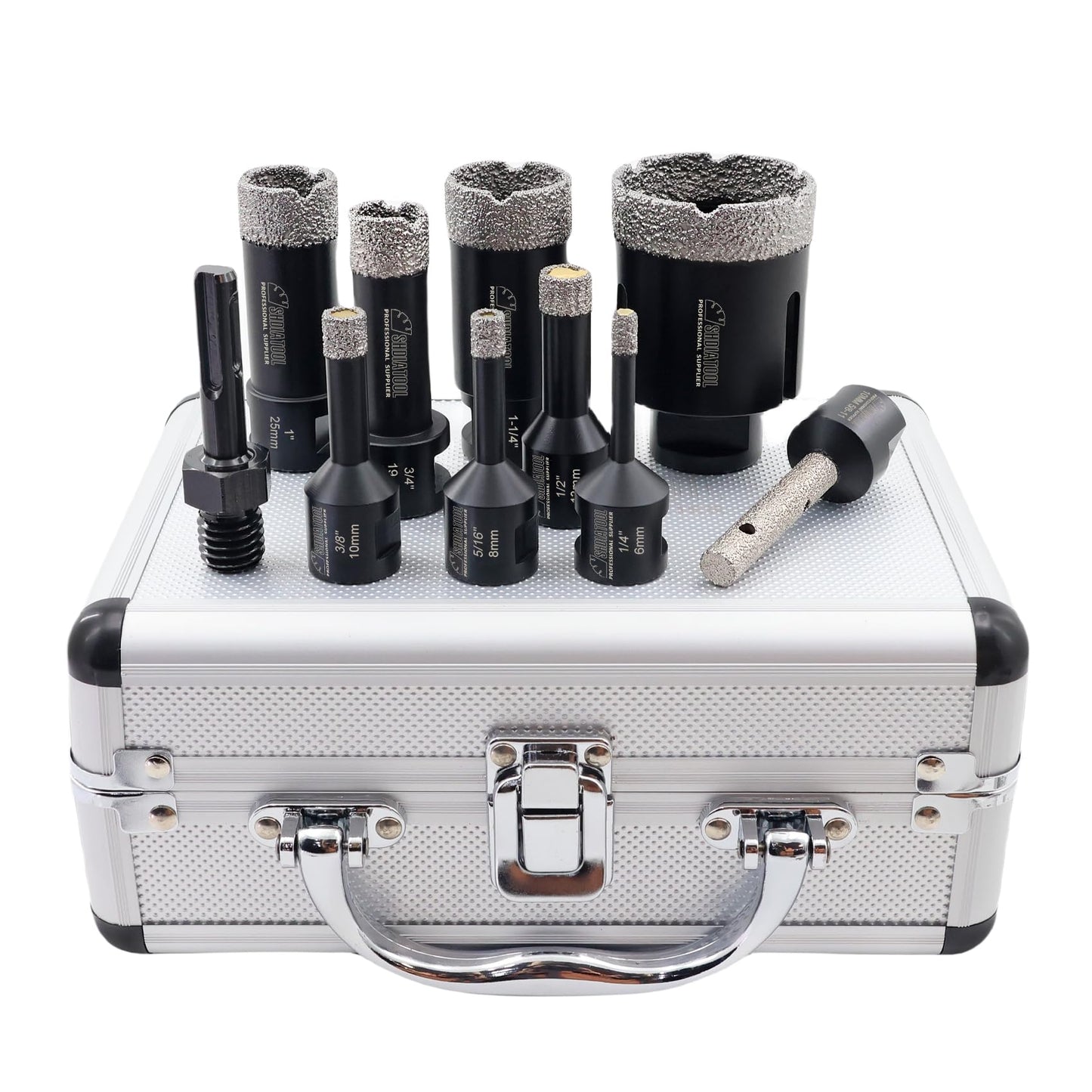 SHDIATOOL Diamond Core Drill Bits Hole Saw Kit for Porcelain Tile Ceramic Marble Brick Vacuum Brazed Cutter Set 10-Piece （6/8/10/13/19/25/32/51mm +10mm+SDS Plus