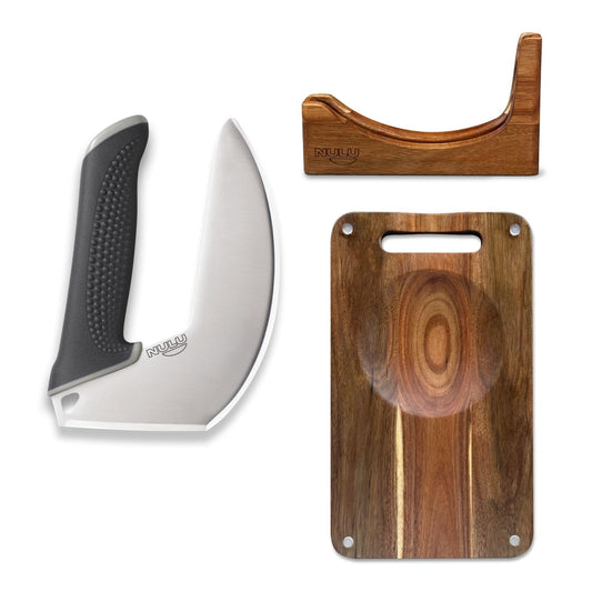 NULU Bundle Ergonomic Kitchen Knife Signature Acacia Cutting Board and Acacia Knife Dock