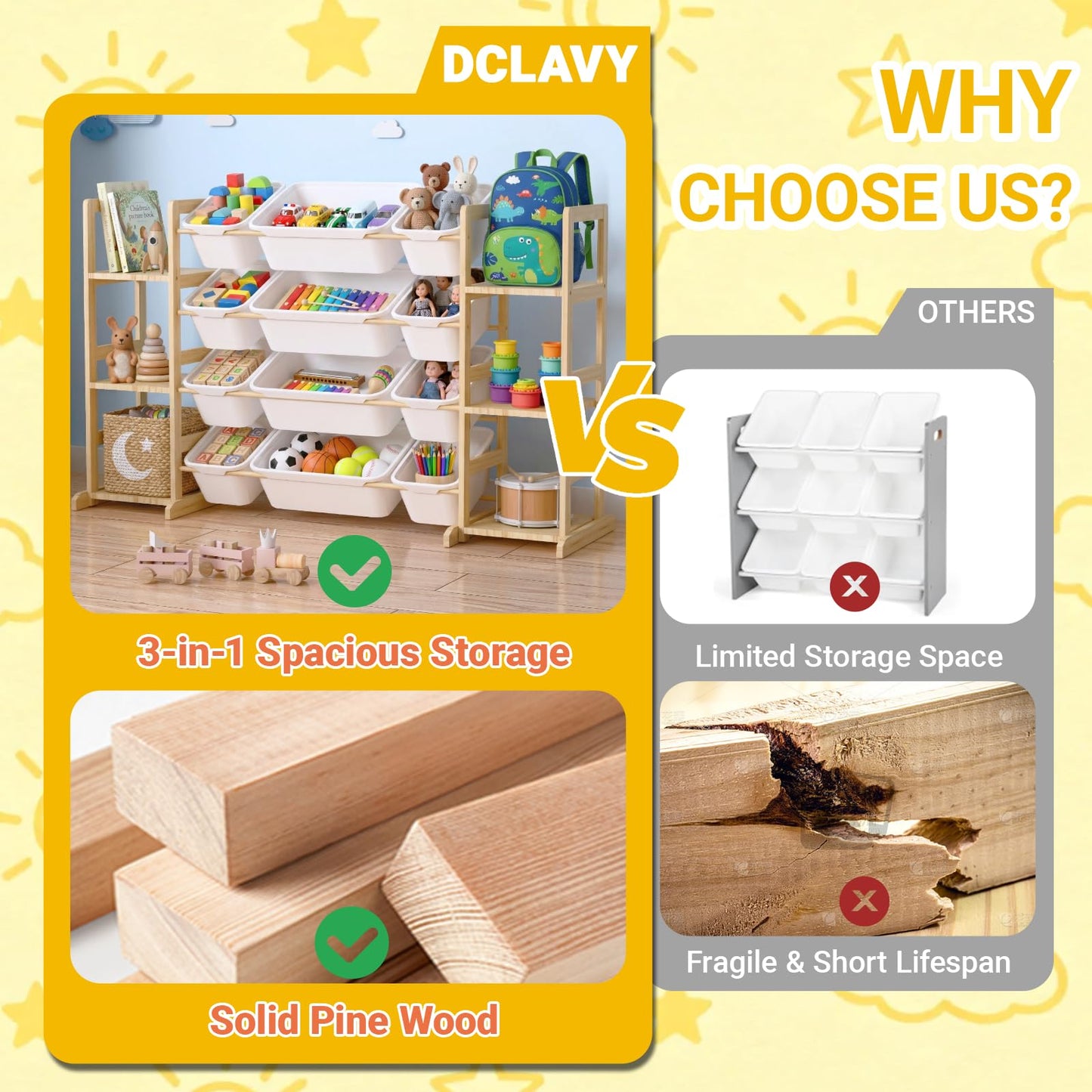Dclavy Toy Storage Organizer with Bookshelf for Kids, Large Wooden Shelf with 12 Storage Bins & 6 Shelves, Toy Box Organization for Kids Rooms, Playroom, Nursery and Living Room