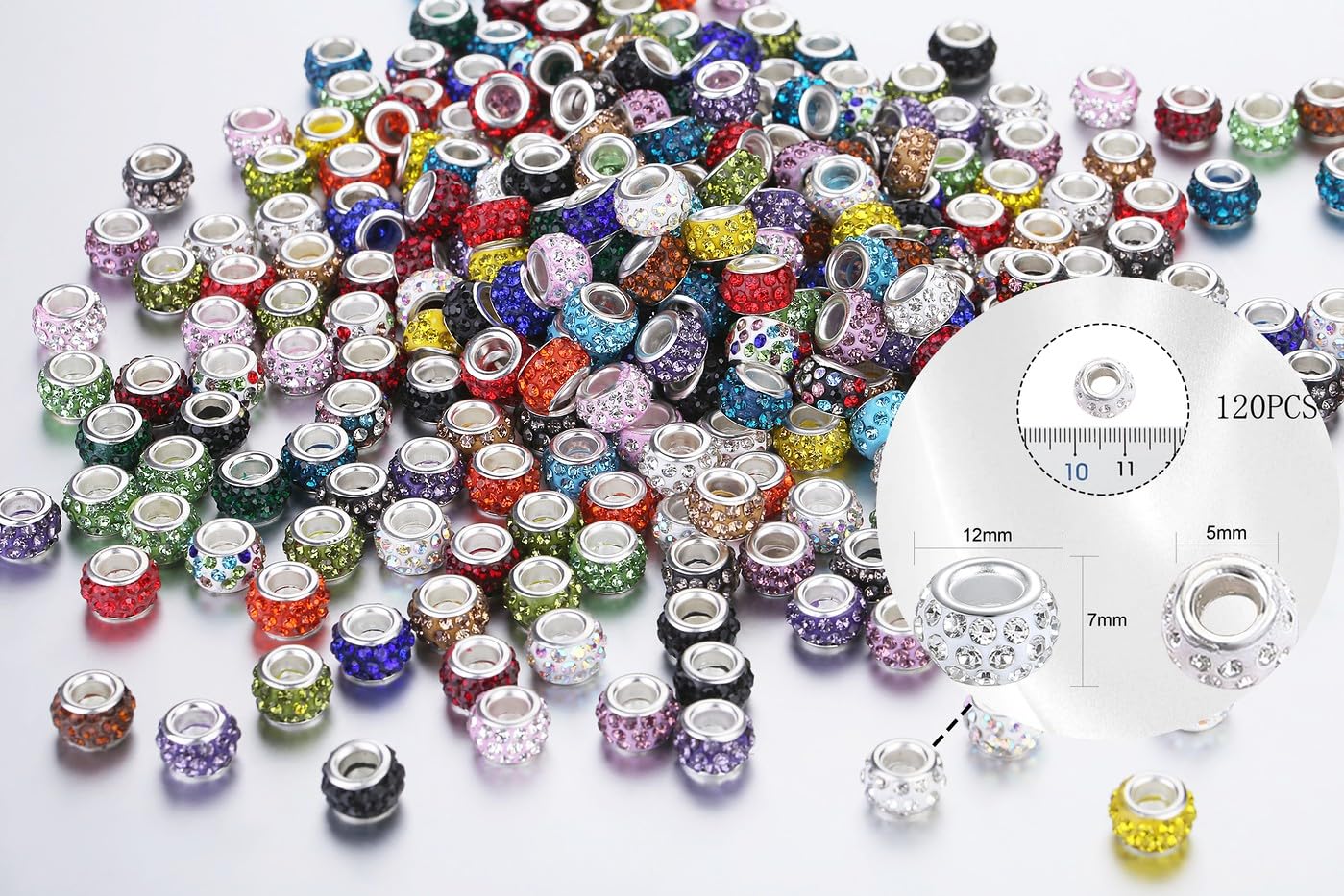 NUKAYAI 120Pcs Large Hole Beads Rhinestone European Beads for Bracelet Jewelry Making 12mm Diamond Snake Chain Supplies DIY Crafts Charm Crystal Rondelle Spacer Bead for Pens(Mixcolors)