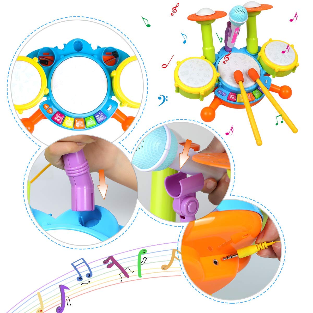 POKONBOY Kids Drum Set for Toddler 1-3, Musical Instruments Learning Toys with 2 Drum Sticks Adjustable Microphone Birthday Gifts for Boys Girls 6 12 18 Month