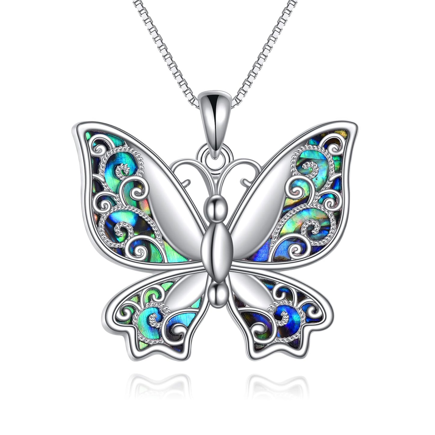 KQF Butterfly Necklace 925 Sterling Silver Filigree Butterfly Pendant Abalone Shell Jewelry Gift for Women Mom Daughter