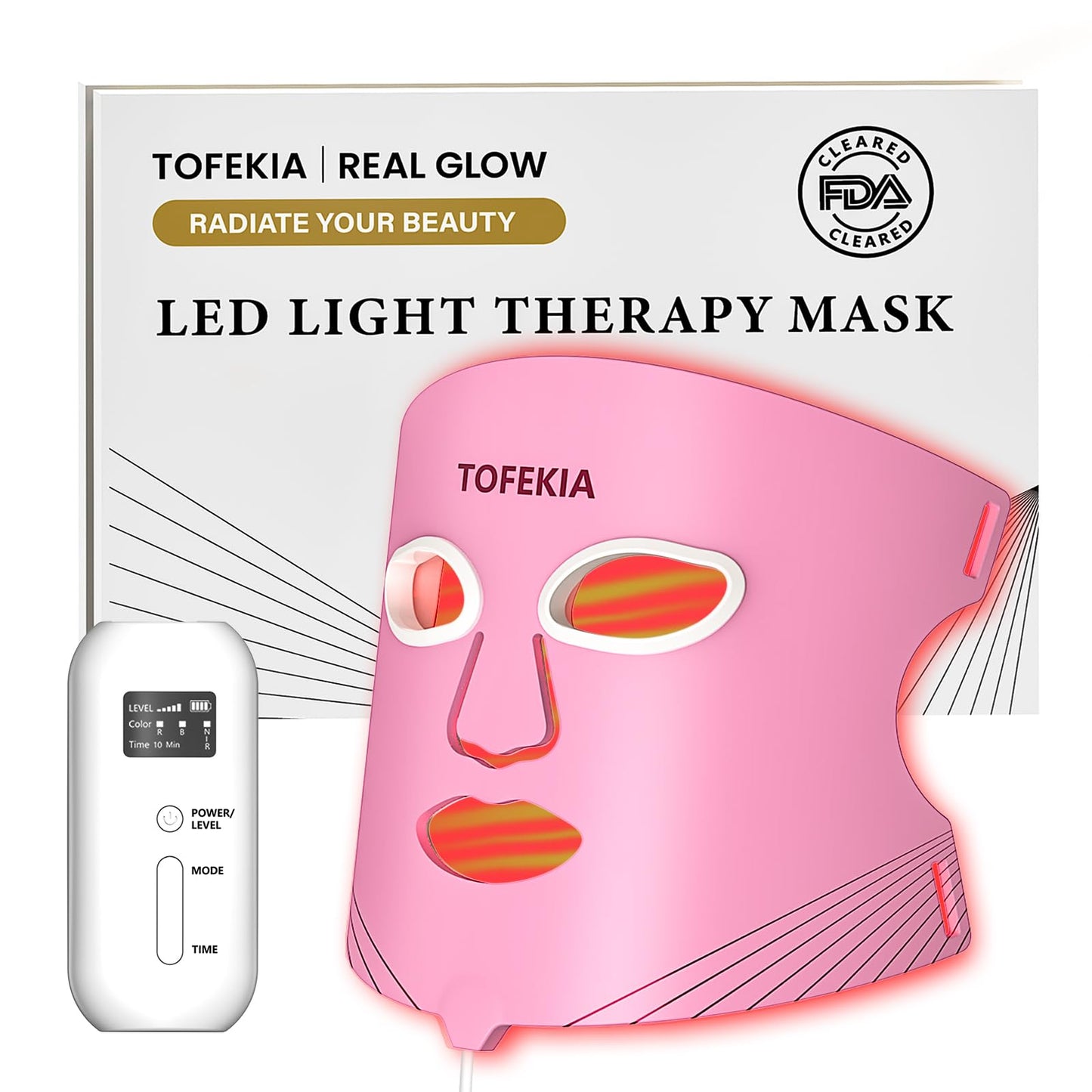 TOFEKIA FDA-Cleared Red Light Therapy Mask for Face – 3 Modes for Acne and Wrinkles, 5 Intensity Levels，850nm Infrared Led Light Therapy Device, Pink