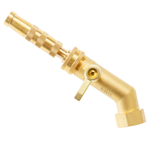 EBH Adjustable Heavy Duty Brass Garden Hose Nozzle - High Pressure Jet Nozzle, 135° Elbow and Comfort Grip with Hose Shut Off Valve, 3/4” GHT Nozzle for Garden Hoses and Car Washes