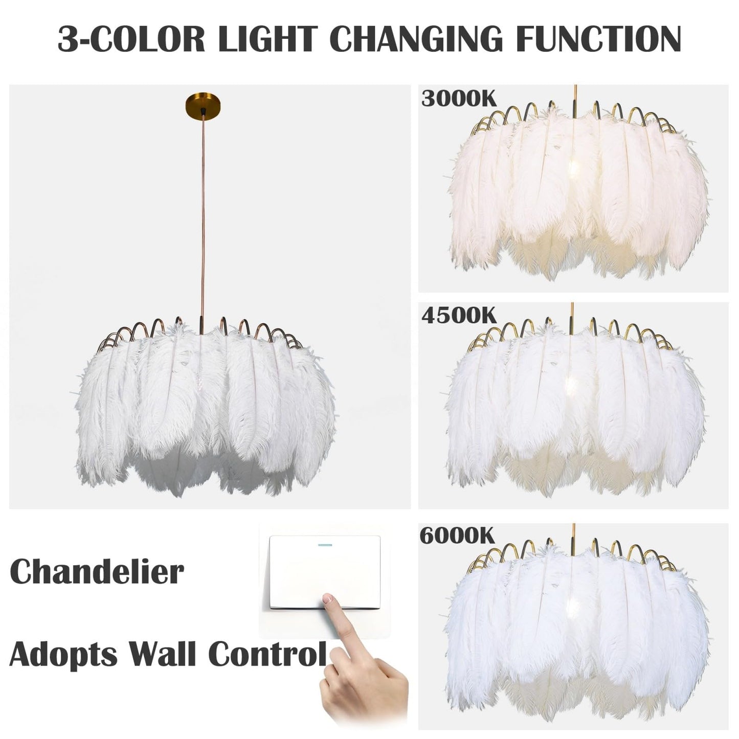 mfanchan 20.9" Nordic Modern Gold Feather Chandelier, Art Decor Feather Light Fixture Nordic Pendant Light Romantic Hanging Ceiling Lighting for Kitchen Island Girls' Room Living Dining Room Foyer