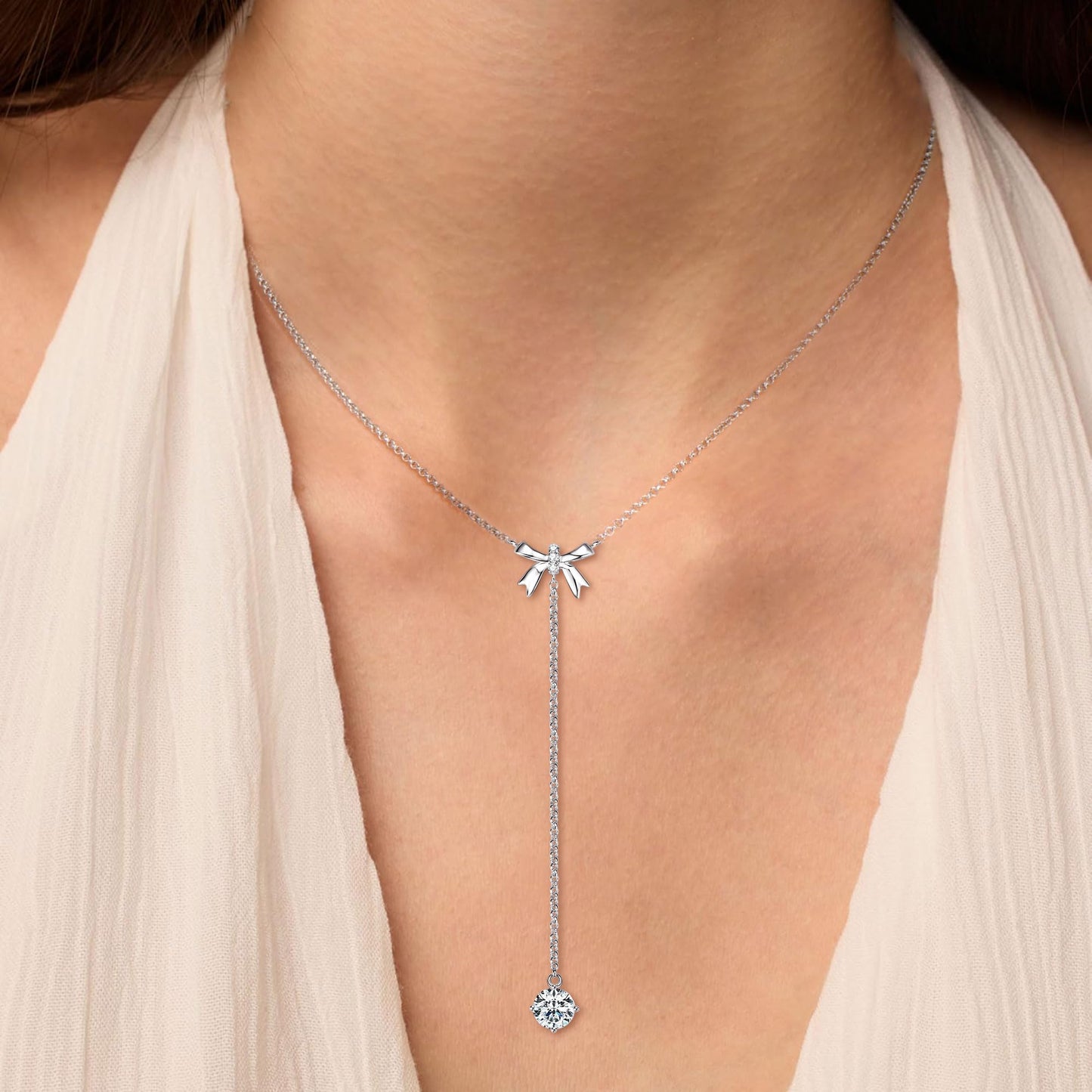 AINUOSHI Moissanite Bow Lariat Necklace for Women 925 Sterling Silver Y-Shaped Linear Drop Chain Necklaces Dainty Long V-Neck Layered Necklaces Anniversary Birthday Gifts for Wife Her