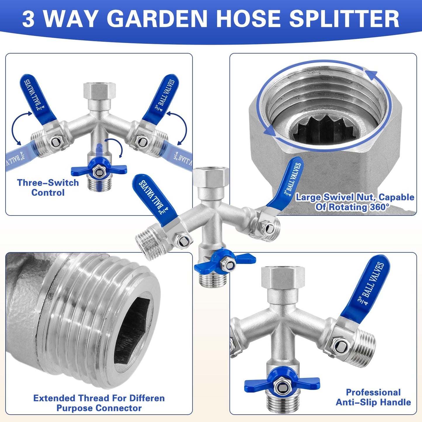 Garden Hose Splitter 3 Way, Heavy Duty 304 Stainless Steel Hose Splitter with Shut-off Valves, Full Flow Garden Water Hose Bib Spigot Splitter, 3/4'' GHT Thread Outdoor Faucet Splitter