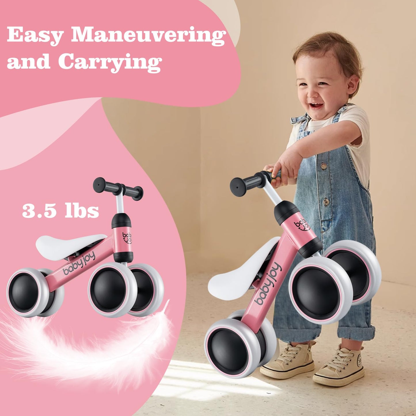BABY JOY Balance Bike, No Pedal 4 Wheels Toddler Bike with Soft Seat as First Ride-on Toy Birthday Gift, Baby Balance Bike for 2 Years Old Boys Girls (Pink)