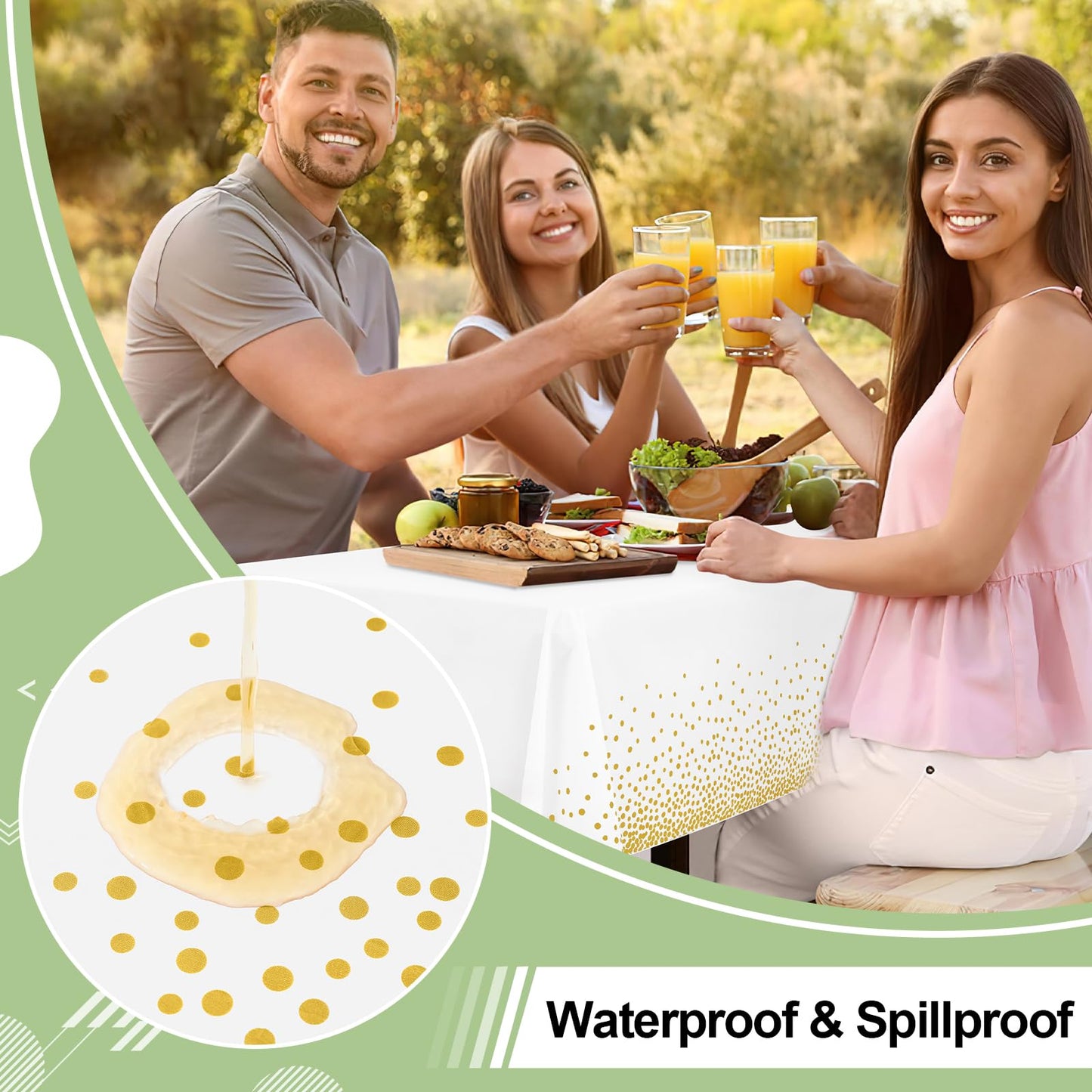 misaya 6 Packs Dot Disposable Table Cloth, 54 x 108 Inch Waterproof Plastic Tablecloth, Rectangle Gold Dots in White Table Covers for Picnic, Birthday, Party