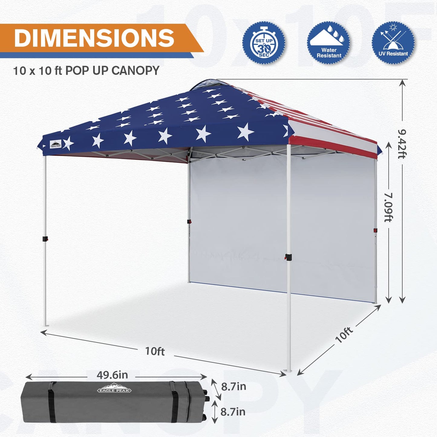 EAGLE PEAK Commercial Canopy 10x10 Pop Up Canopy Tent with 1 Sidewall, Easy Setup Heavy Duty Instant Event Shelter for Vendors & Markets, Outdoor Sun Shade, American Flag