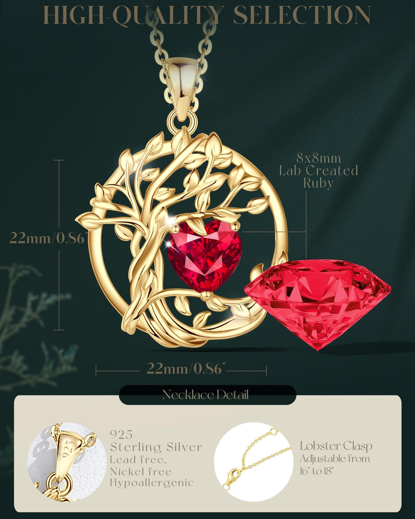 FANCIME Tree of life July Birthstone necklace for women Sterling Silver Yellow Gold Plated Tree Jewelry Ruby Pendant Red Gemstone Anniversary Birthday Mothers Day Gifts for Wife Mom Her