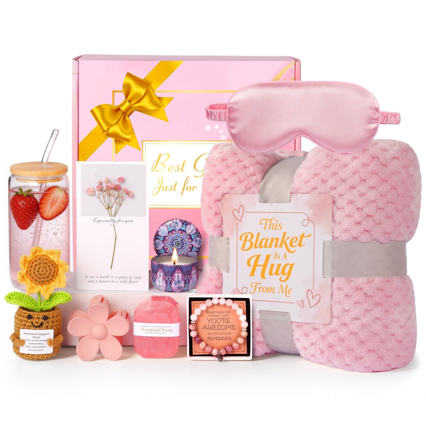 Birthday Gifts for Women Spa Care Package, Get Well Soon Gift Baskets Thinking of You Sympathy Gift, Self Care Basket w/ Luxury Flannel Blanket 16 Oz Glass Mother Day Gifts for Her Sister Wife Friend