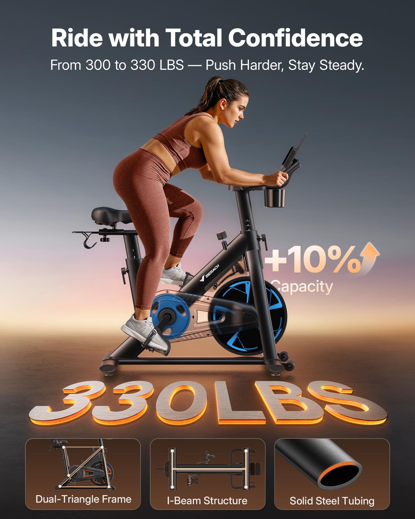 Merach Magnetic Exercise Bike, Low Noise Stationary Bike for Home with Comfortable Seat Cushion, Spin Bike with 330 lb Weight Capacity, Exclusive App, Tablet Mount and Fitness Courses