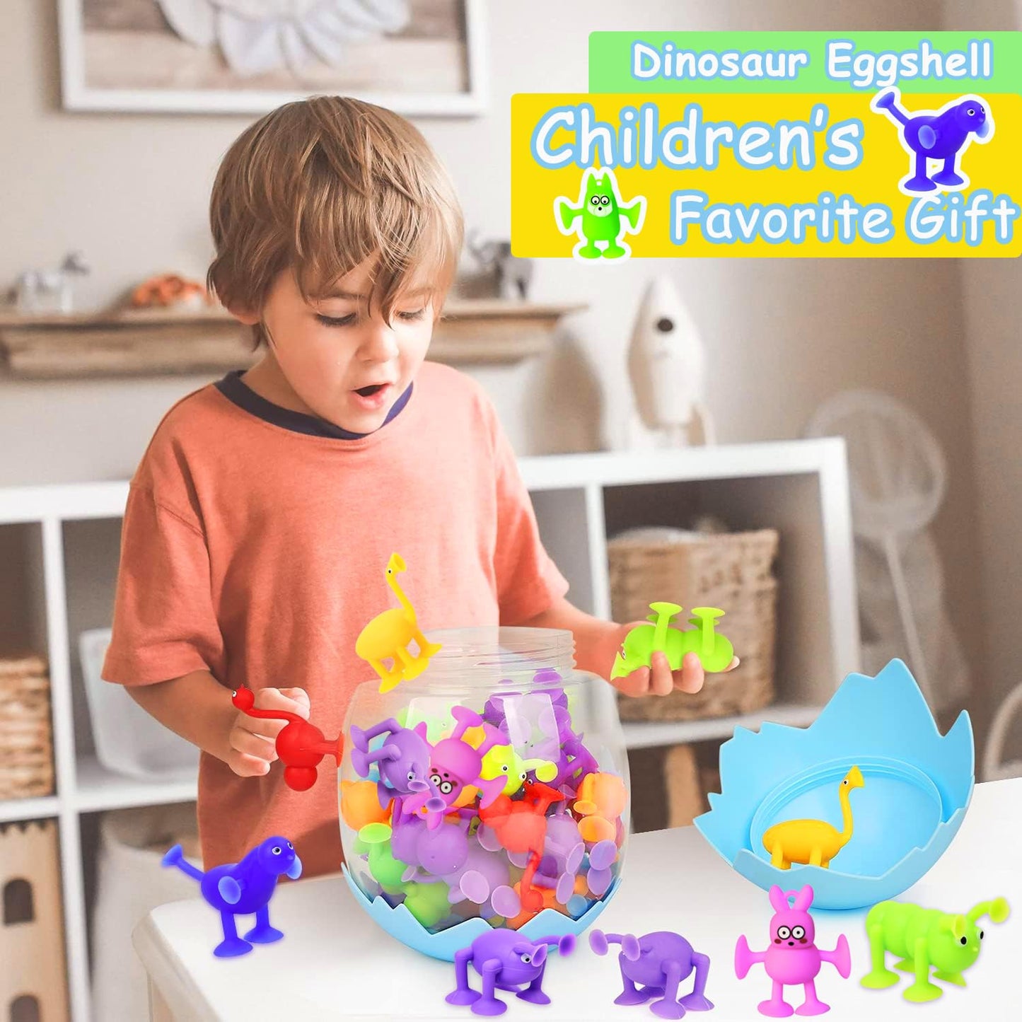 Toddler Suction Cup Bath Toys, Easter Basket Stuffers Animal Bath Toys for Kids Ages 1 2 3 4 5 Mold Free Bathtub Window Building Toys Christmas Stocking Stuffers Boys Girls Large Egg Container