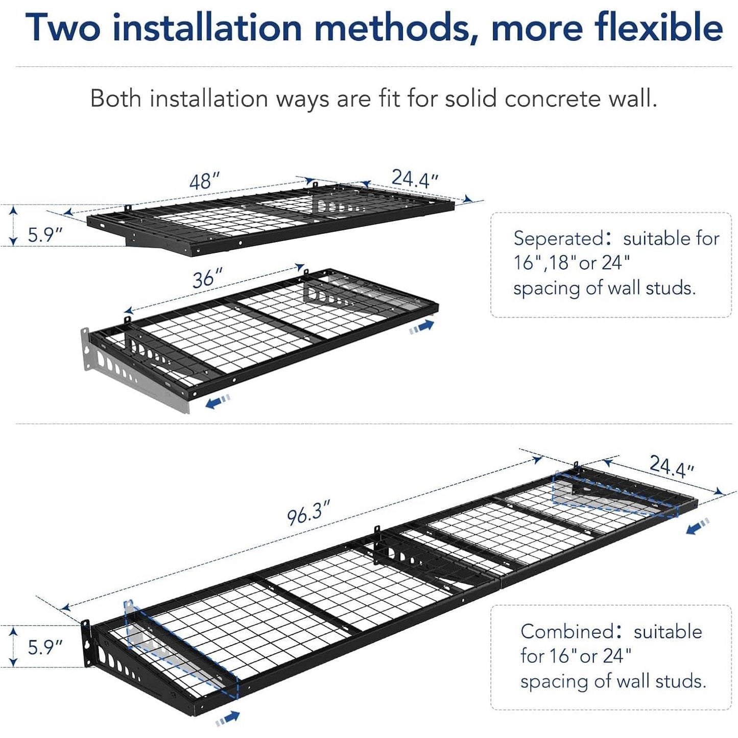 FLEXIMOUNTS 4x8 Overhead Garage Storage Rack without Decking, plus 2-Pack 2x4ft Wall Shelving Rack for Bikes and Tools, 450lbs+440lbs Capacity, Heavy-Duty Garage Organizer, Black