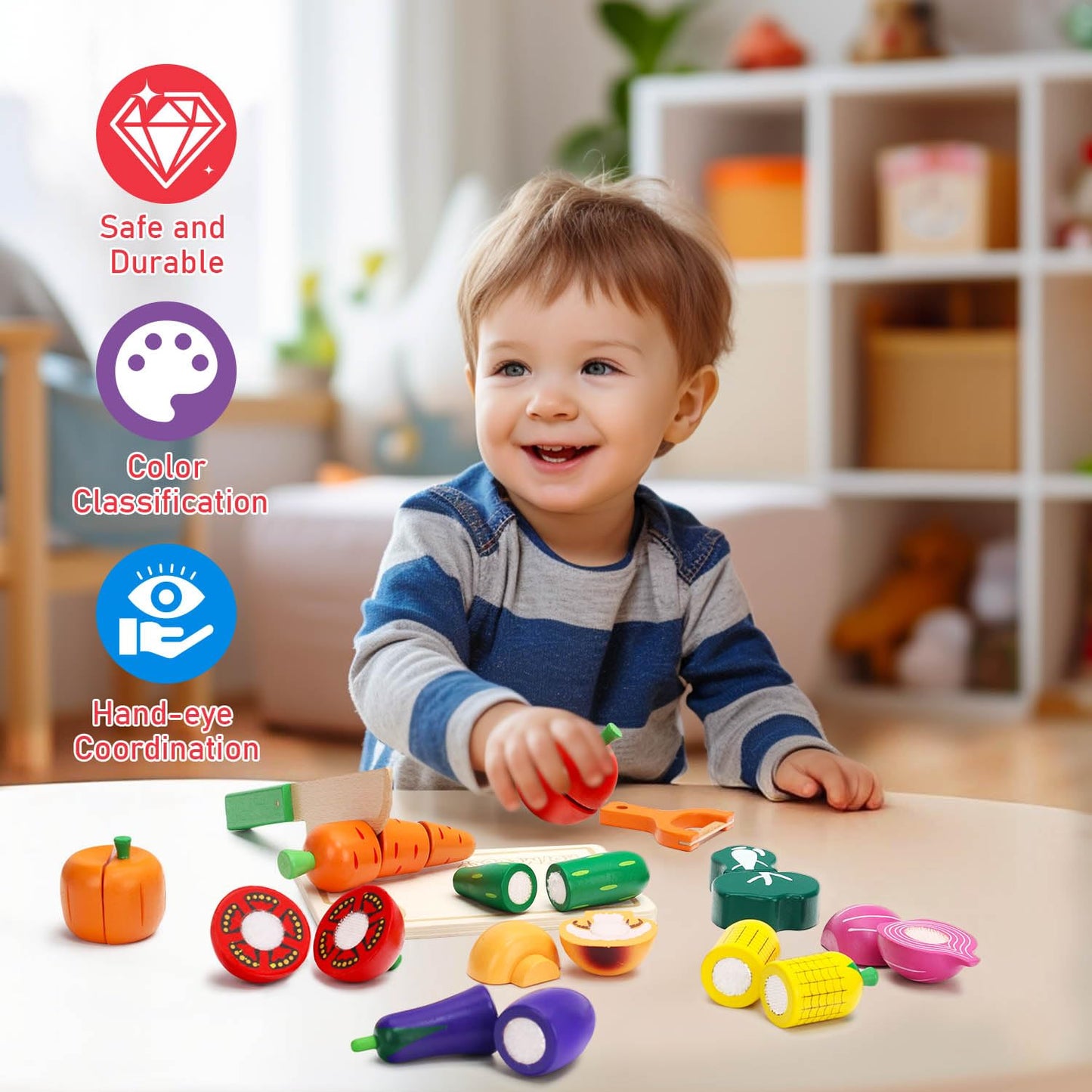 Wooden Play Food Set for Toddlers Toys Pretend Play Kitchen Accessories Veggies Cutting Set for Kids Gift for Boys Girls Montessori Educational Toys