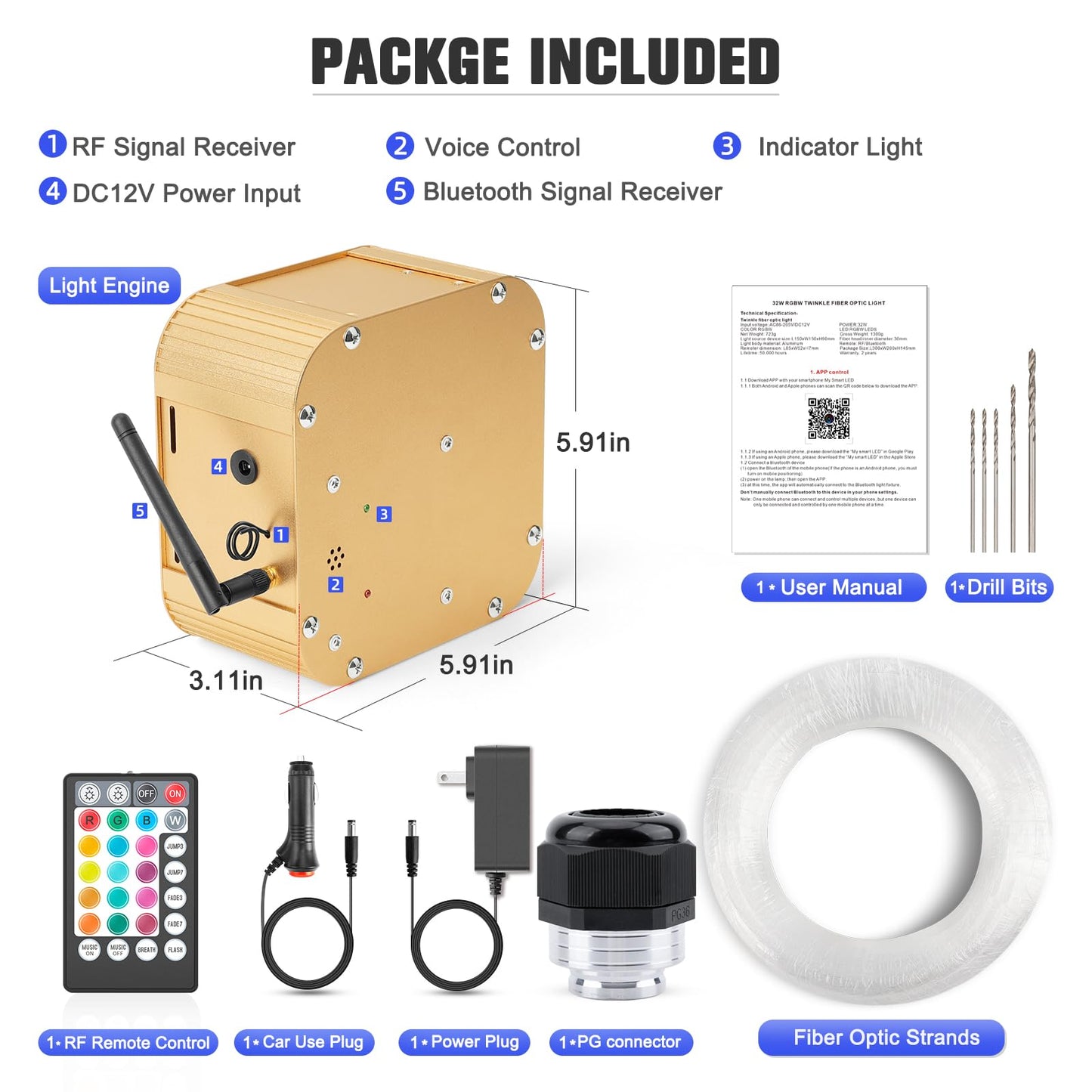 SUNKENET 32W Twinkle Starlight Headliner Kit, 800pcs of (0.03+0.04+0.06in)*13.1ft LED Fiber Optic Lights Kit, Star Ceiling Light+10 Crystals+Adapter+Cigarette Lighter for Car Roof/Home with Music Mode