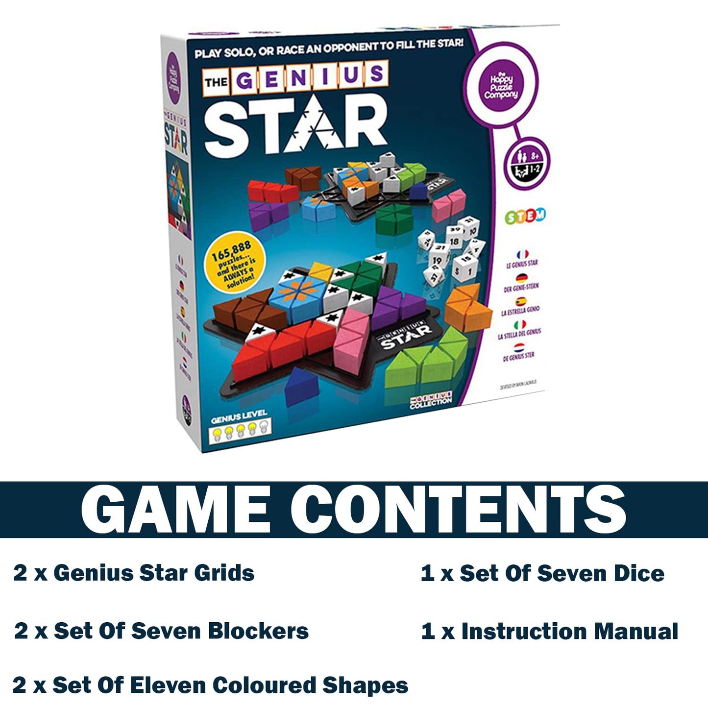 The Happy Puzzle Company The Genius Star | Toy of The Year Award Winning Family Board Game | 165,888 Possible Puzzles | Filling in Colored Shapes | Blockers to Complete A Star | Golden Star Twist