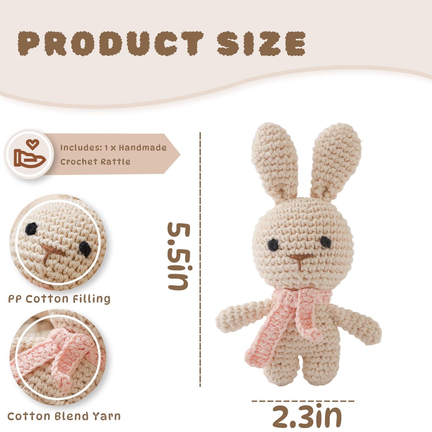 Moyii Handmade Crochet Bunny Baby Rattle - Soft Cotton Amigurumi Sensory Shaker Toy for Newborns & Infants - Easy Grip Lovey Sleep Toy & Neutral Nursery Decor Shower Gift