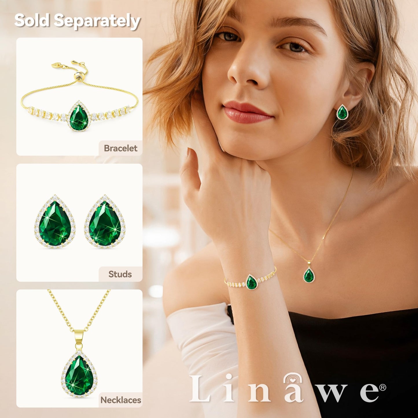 Linawe Emerald Gold Cubic Zirconia Earrings Studs, Statement Imitation Diamond Stud Earrings Women, Teardrop Rhinestone Crystal Formal Earring Set, Wedding Bridal Bridesmaid Jewelry