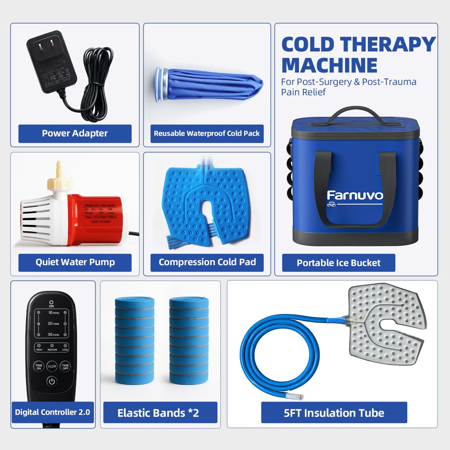 Farnuvo Cold Therapy Machine for Knee Replacement - Portable Ice Machine with Timer, 12Hrs Cooling, 3 Speeds for Pain Relief (Blue)- Ice Therapy Knee/Joints/Ankle/Muscle/Shoulder
