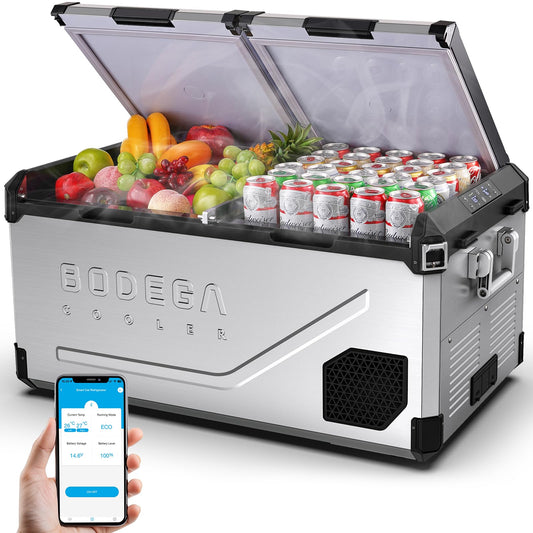 BODEGA COOLER 12 Volt Car Refrigerator, 100Quart (95L) Dual Zone Car Fridge APP Control, Portable Freezer, -4℉-68℉ RV Electric Cooler 12/24V DC &100-240V AC for Outdoor, Camping, Travel