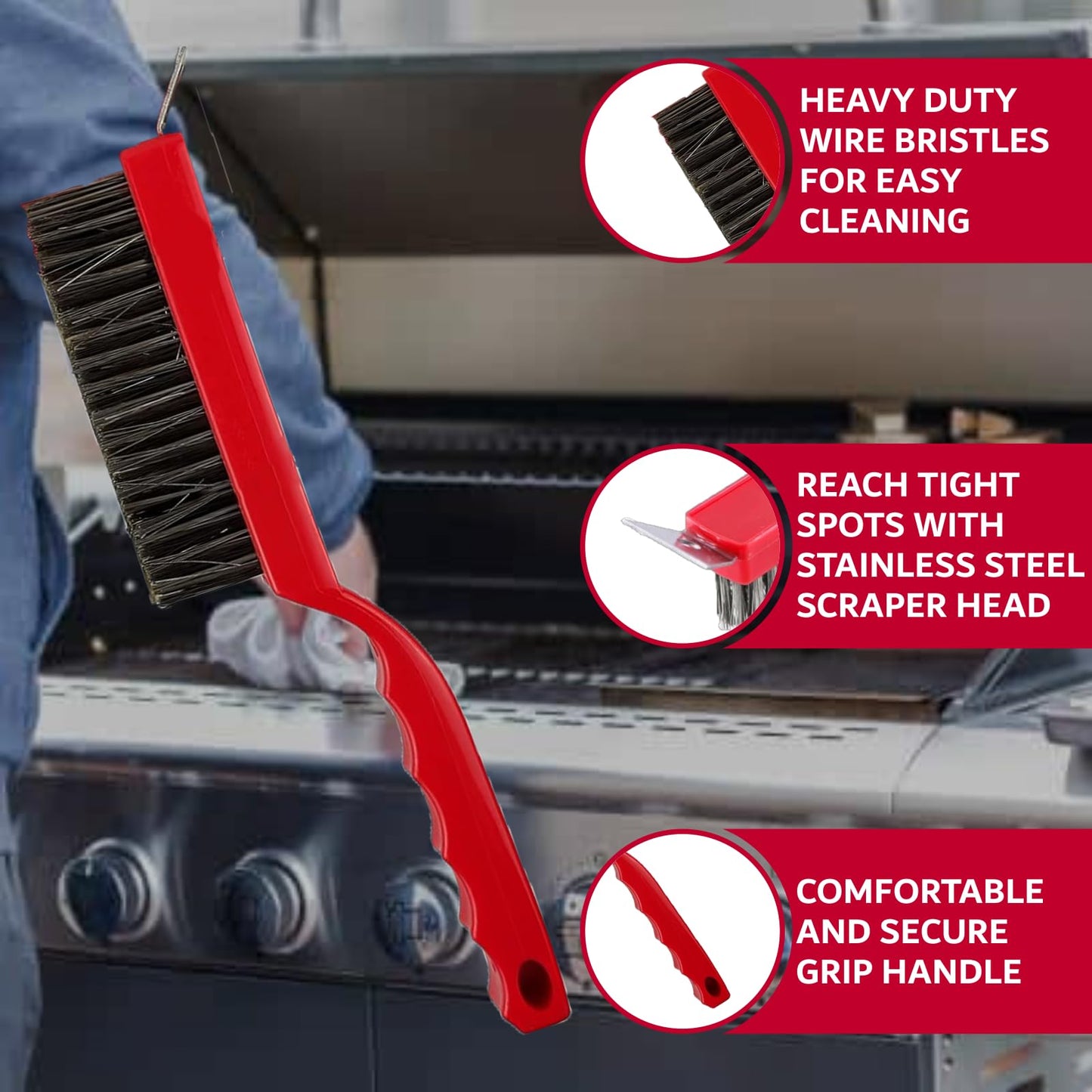 Chef Master Grill Brush with Scraper Head – Heavy-Duty Wire Bristle Cleaner - Grill Barbecue Cleaner for Outdoor - Ergonomic Handle, Outdoor BBQ Tool & Accessories - 90044