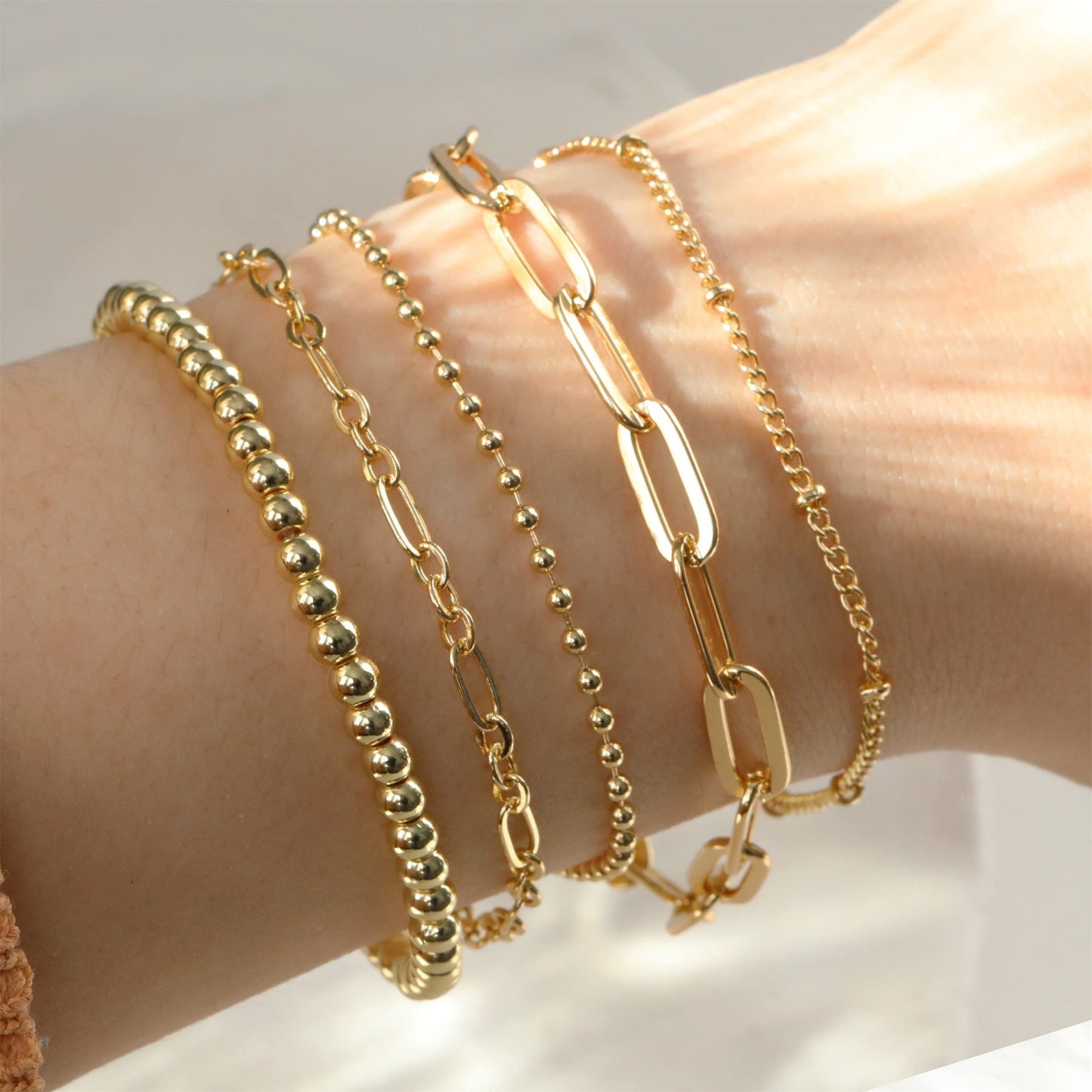 DEARMAY 14K Gold Plated Bracelets for Women Gold Jewelry Set for Women Beaded Bracelets Dainty Paperclip Chain Bracelet Pack Gifts
