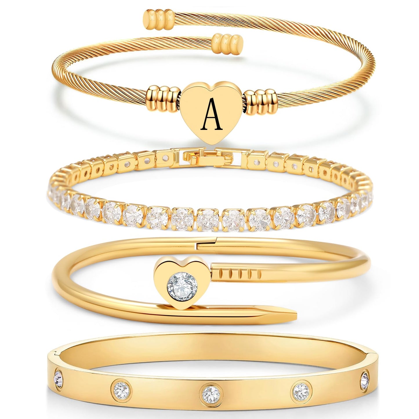 MEIERYA18K Gold Plated Nail love Bangle Bracelet Set for Women,Cubic Zirconia,Adjustable tennis bracelet Trendy Gift Jewelry for Mother's Day Anniversary (01-Style-A)