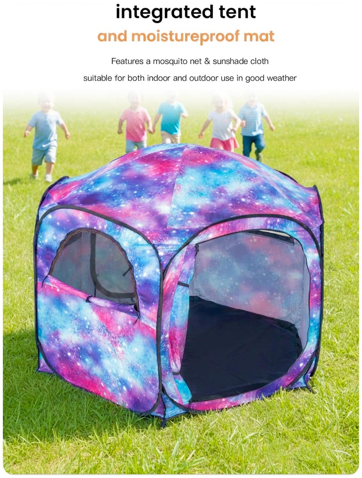 Porayhut Galaxy Pop Up Play Tent for Kids, 67" Hexagonal Privacy Sensory Tent with Removable Thick Mat & LED Photo Clip Lights, Light Blocking Indoor Outdoor Playhouse for Boys & Girls, Space Castle