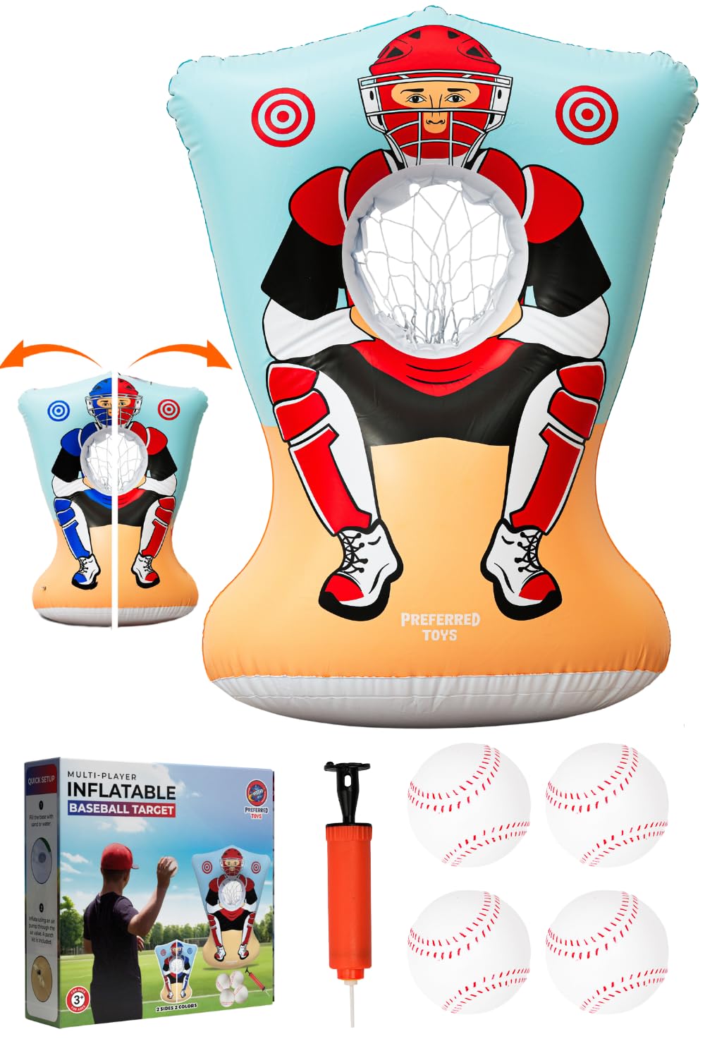 Preferred Toys Inflatable Baseball Pitching Target for Kids 3 and Above - Double-Sided Throwing Toss Game with 4 Soft Balls - Indoor Outdoor Baseball Toys Training Equipment - Red/Blue