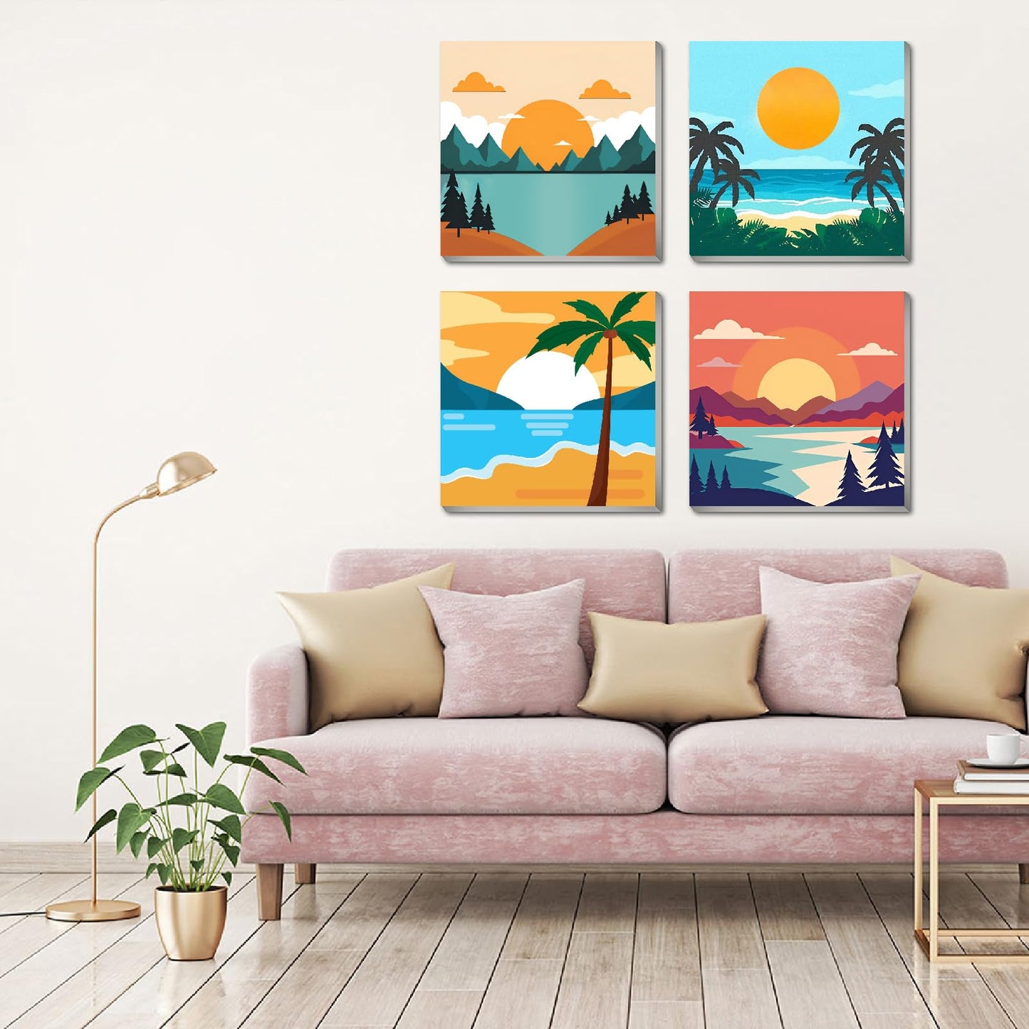 FQOVKYN 4 Framed Landscape DIY Paint by Numbers Kit for Adults Beginner, Sunset Easy Painting by Number with Frame, Acrylic Paint Kit Arts and Crafts for Adults for Decor 8x8inch