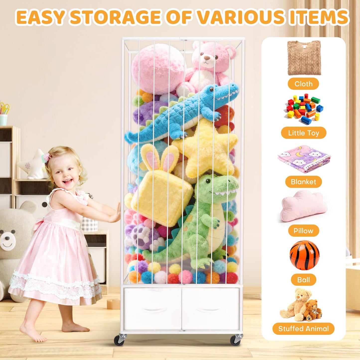 Stuffed Animal Storage - Large Stuffed Animal Zoo Holder with 2 Toy Bins - Plushies Storage with Elastic Band - Metal Plush Toy Organizer Brake Wheels Perfect for Toddler Rooms Playrooms Bedroom