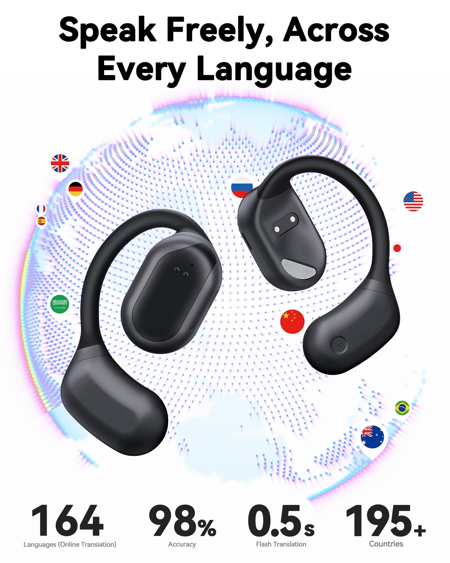 AI Translation Earbuds Real Time, 164 Languages & Accents, Translator Earbuds 90H Playtime, Translation Headphone LED Display Audifonos Traductores Inglés Español for Travel Business Meeting, Black