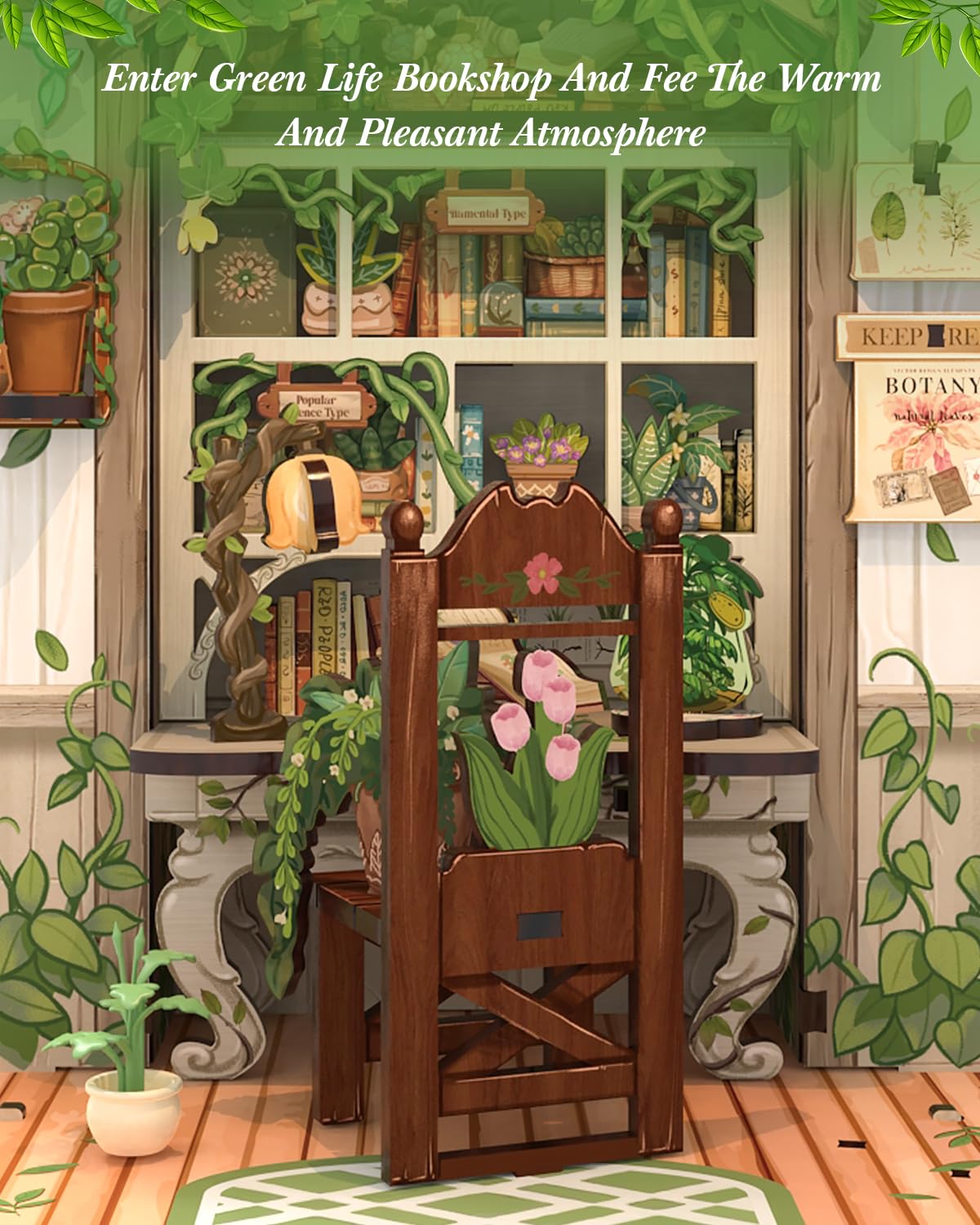 Cutefun Book Nook Kit - DIY Miniature Dollhouse Booknook Kit for Adults and Teens, 3D Wooden Puzzle Bookshelf Insert Decor with LED Light, Gifts for Book Lovers and Beginners (Green Life Bookshop)